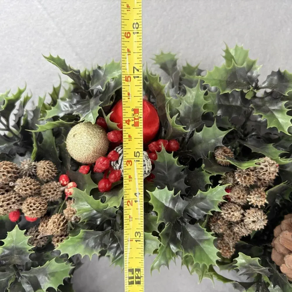 Vintage Holiday Christmas Door Wreath Plastic Evergreen Leaves Holly Berries MCM